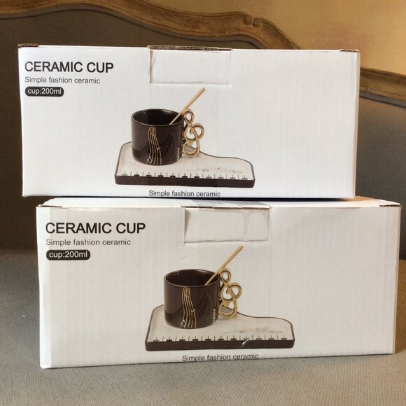 NWOT piano music novelty ceramic mugs with "saucers" and spoons, set of 2 - Picture 3 of 7